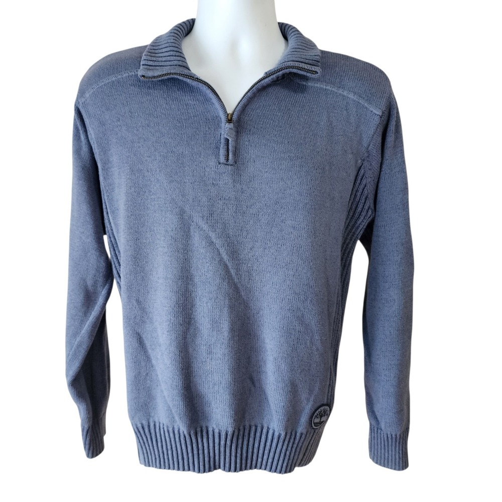 Timberland Men's Medium Blue 1/4 Zip Cotton Sweater Pullover Logo M